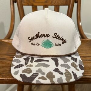 Southern String White Trucker Hat with Camo Brim